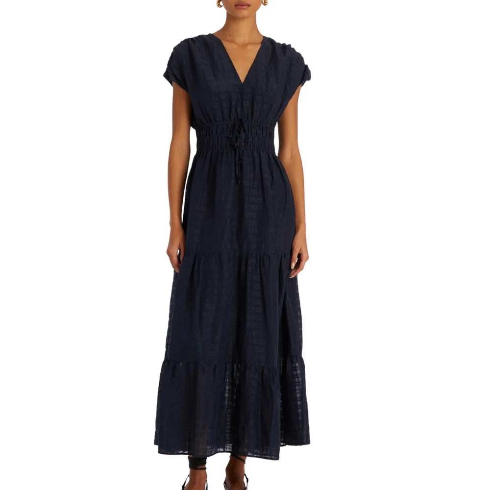 Marie Oliver Indy Sapphire Blue Linen Blend Tiered Midi Dress Size Large
